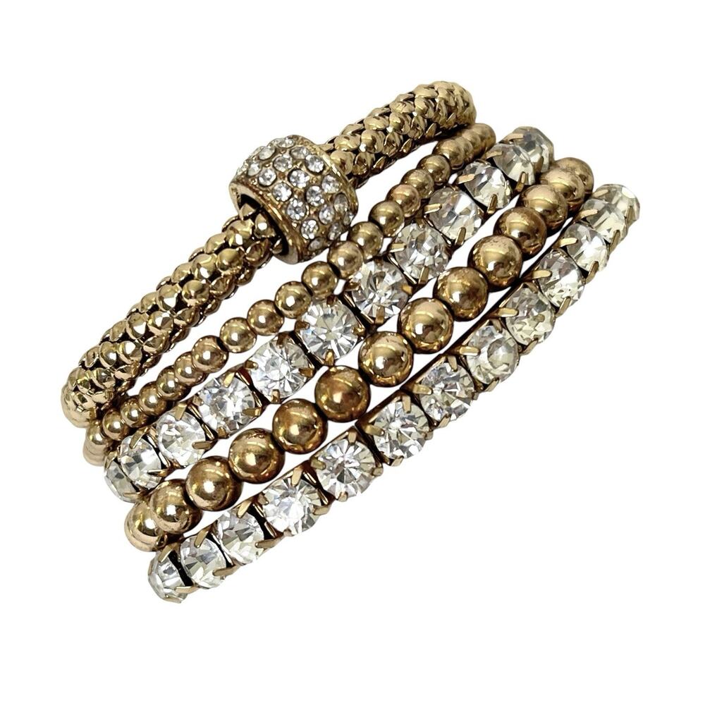 Gold Tone Stretch Bracelets Lot 5 Rhinestones Beads Stack Elegant Crystal Glam